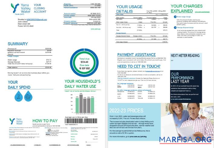 Printable Melbourne Yarra Valley Water water utility bill Word and PDF formats, 2 pages sample